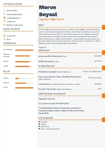 Yabancı Dil Öğretmeni Cv Örnekleri cv indir